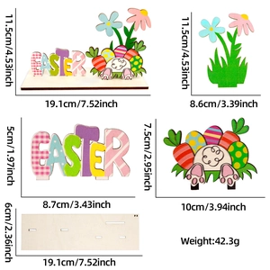 Detailed size specifications of wooden Easter table decoration with bunny and egg puzzle