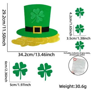 St. Patrick's Day green felt hat and shamrock wall stickers with precise size measurements