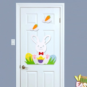DIY Easter felt window stickers featuring bunny and carrots on a white wooden door