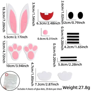 Detailed view of DIY Easter bunny felt stickers kit with dimensions and glue dot accessories