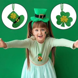 St. Patrick's Day necklace with green glitter top hat and shamrock pendants on bead chain