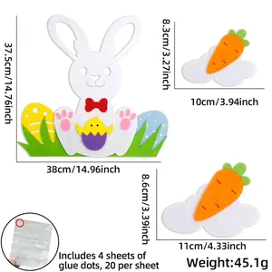Close-up of Easter felt rabbit window sticker with eggs, chicks and carrot details
