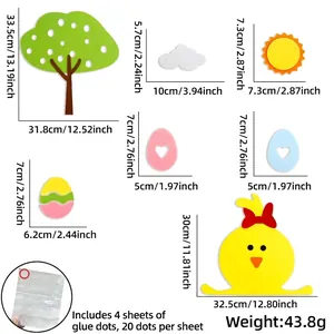Detailed size specifications of DIY Easter felt stickers with adhesive dots for wall decor