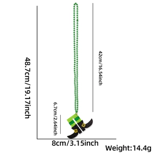 Detailed view of St. Patrick's Day necklace with green beads and leprechaun hat pendant