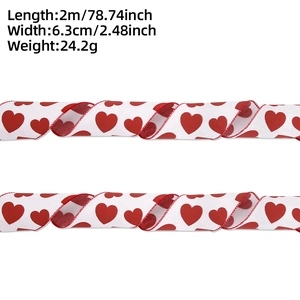 Detail of heart print ribbon with red wired edges, 6.3cm width for Valentine gift decor