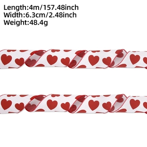 Detail of 4m white faux linen ribbon with red hearts and wired edge for gift wrapping