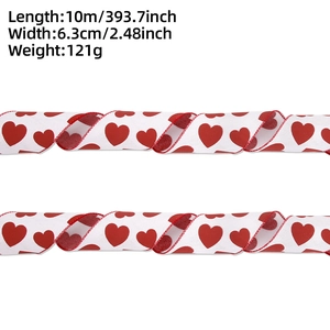 Detail of Valentine linen-like ribbon with red hearts and 6.3cm width measurements