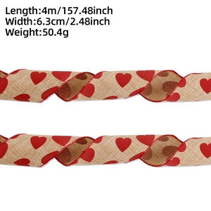Detail view of heart print faux linen ribbon with 6.3cm width and 4m length for Valentine decor