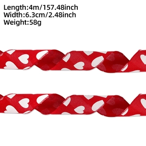 Detail view of 6.3cm red linen-like ribbon with white hearts and size specifications