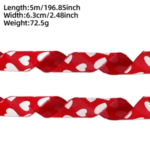Detail showing 6.3cm wide linen-like ribbon with red heart print and dimensions for gift wrapping