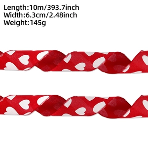 Detail of red heart ribbon for gift wrapping measuring 6.3cm width and 10m length