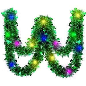 Close-up of W-shaped green tinsel garland with shamrocks and colorful LED lights