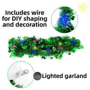 Guirlande LED Saint-Patrick avec trèfles, fil flexible et détails du boîtier à piles