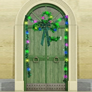 Saint Patrick's Day tinsel garland with colorful LED lights and dark green bow detail