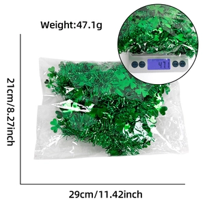 Detailed view of St. Patrick's Day green clover garland packaging with weight and size info