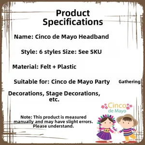 Detailed specifications for 6 styles of Cinco de Mayo felt and plastic headbands