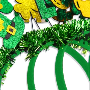 St. Patrick's Day green tinsel headband set with glittery shamrocks and festive top hats