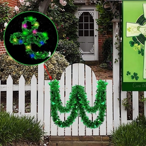 St. Patrick's Day green clover garland with colorful LED lights for garden fence decor