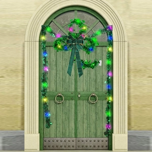 LED lighted St. Patrick's Day tinsel garland with green shamrocks and large velvet bow