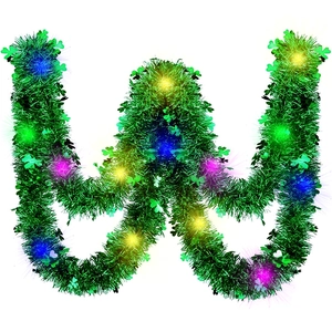 Saint Patrick's Day green tinsel garland with LED lights and clover decorations
