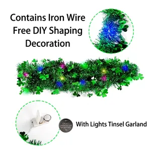 Saint Patrick's Day green clover tinsel garland with colorful LED lights for DIY decor