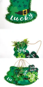 Detail of St. Patrick's Day wooden door sign with green glitter and Lucky clover designs
