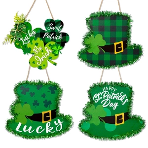 Saint Patrick's Day wooden hanging signs set with green clover and leprechaun hat designs