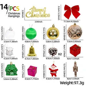 Lot de 14 décorations de Noël avec nœuds rouges, cloches dorées et boules multicolores