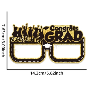 Black and gold Congrats GRAD paper glasses with dimensions 14.3cm by 7.63cm for parties