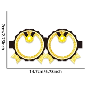 Size measurements for yellow glitter graduation party eyewear showing width and height details