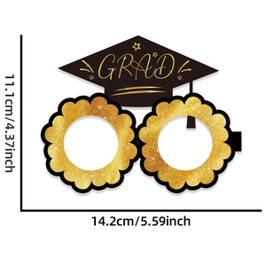 Detailed dimension guide for black and gold GRAD graduation paper party glasses
