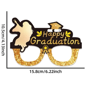 Detail view of black and gold graduation paper glasses with precise size measurements