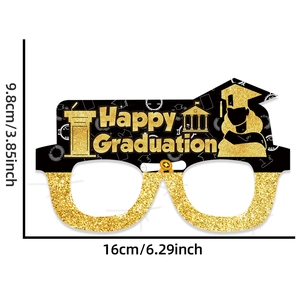 Detailed view of black and gold graduation paper glasses with dimensions 16cm by 9.8cm