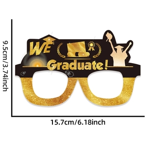 Detailed dimensions of black and gold paper graduation party glasses with festive motifs