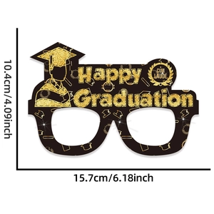Detail of black and gold graduation paper glasses with dimensions 15.7cm by 10.4cm
