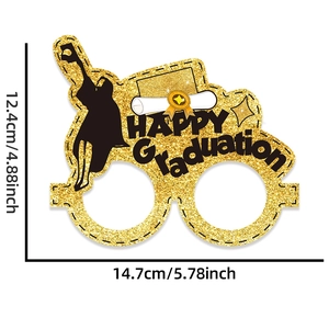 Detailed size specifications of a gold glitter Happy Graduation party prop eyewear