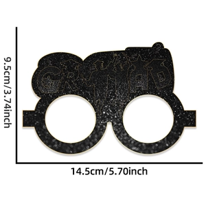 Detail view of black and gold paper graduation glasses with dimensions 14.5x9.5cm