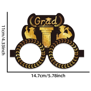 Detailed size chart for black and gold paper graduation party glasses with glitter decor