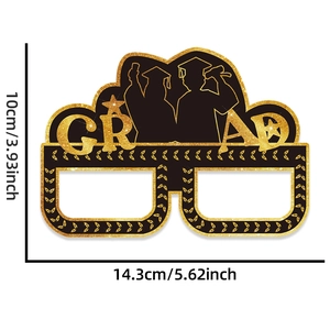 Front view of black and gold paper graduation glasses frame with dimensions and GRAD text