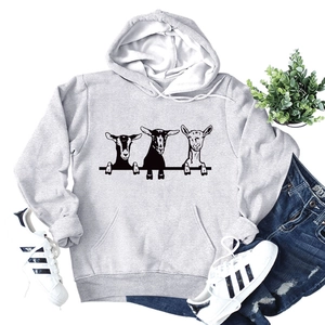 Grey oversized hoodie for women featuring three goats graphic and casual street style