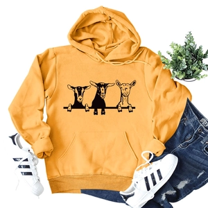 Flat lay of yellow sheep print hoodie with drawstring hood and kangaroo pocket