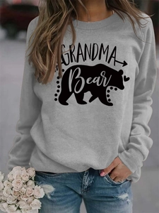 Detail of Grandma Bear print and bear silhouette on grey long sleeve pullover sweatshirt