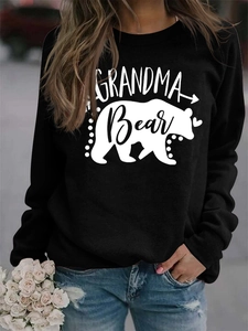 Detail of Grandma Bear graphic print on soft black long sleeve crewneck sweatshirt