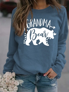 Detail of Grandma Bear letter print on a dark blue long sleeve round neck sweatshirt