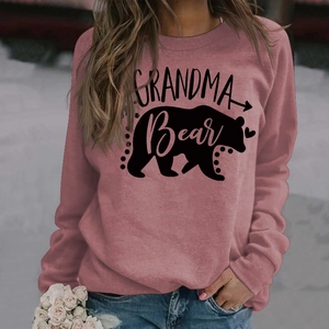 Detail of Grandma Bear letter print on pink long sleeve sweatshirt with outdoor vibe