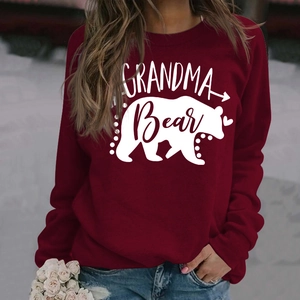 Detail view of Grandma Bear graphic print on a burgundy long sleeve crewneck sweatshirt