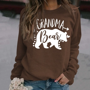 Detail of Grandma Bear letter print and bear silhouette on brown long sleeve sweatshirt