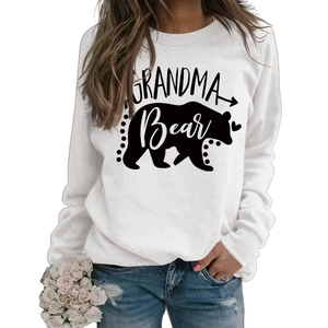 Detail of Grandma Bear print on white long sleeve crewneck sweatshirt for women