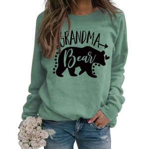 Detail of Grandma Bear print and bear silhouette on casual green long sleeve sweatshirt