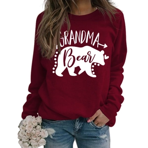 Detail of Grandma Bear graphic print on burgundy long sleeve sweatshirt for women